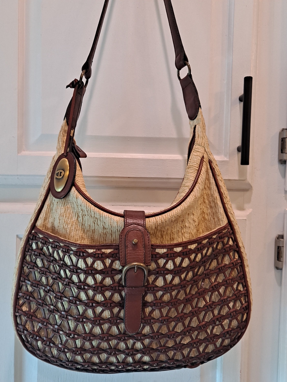 Etienne Aigner Vintage Cream Cotton Jute Brown Woven Leather Hobo Shoulder Bag
